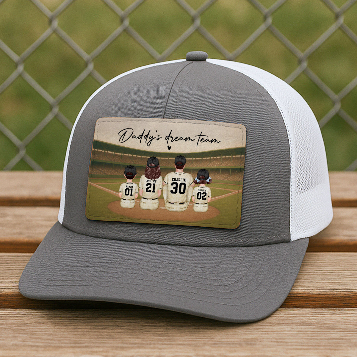 Retro Vintage Baseball Daddy's Dream Team Personalized Leather Patch Hat, Gift For Dad