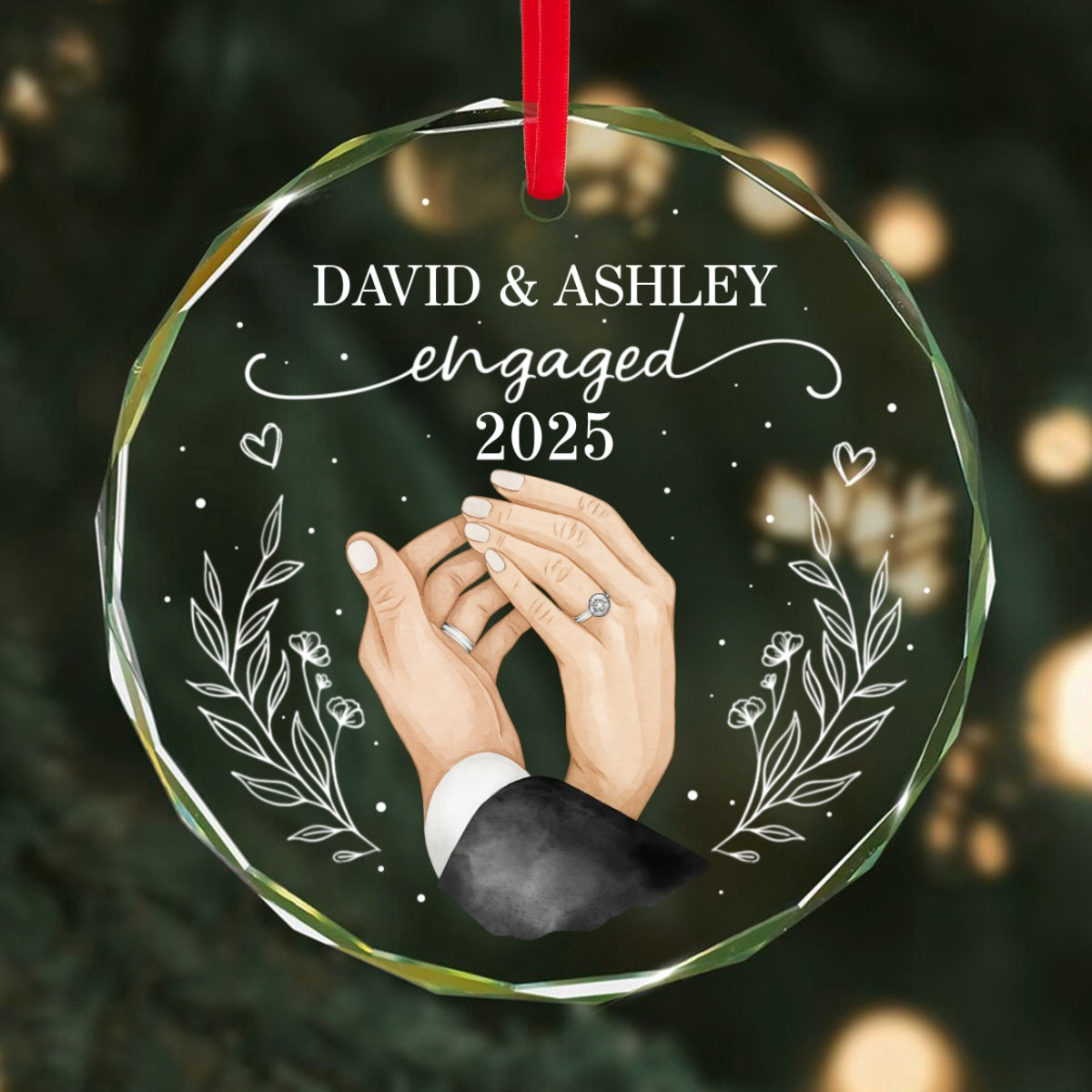 Couple Hands Forever Love First Christmas Engaged Personalized Glass Ornament, Gift For Newly Engaged Couple