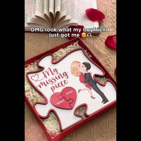 My Missing Piece Couple Hugging Kissing Red Puzzle Shaped Personalized 2-Layer Wooden Plaque, Anniversary Gift,  Gift