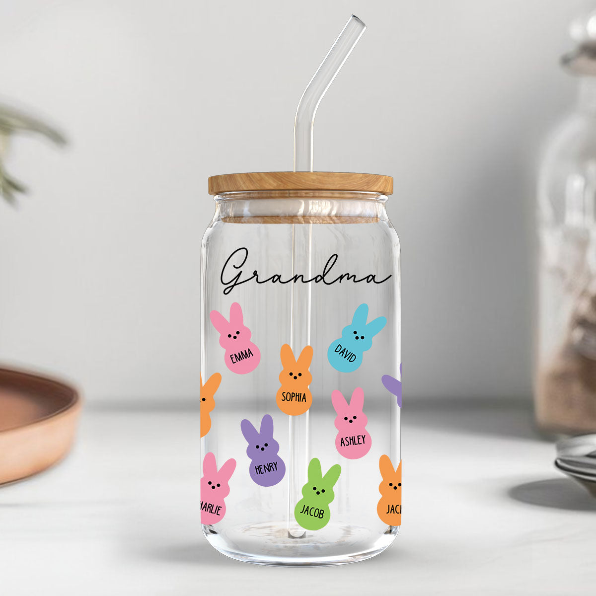 Grandma Mom Auntie Bunnies Easter Gift Personalized Clear Glass Can
