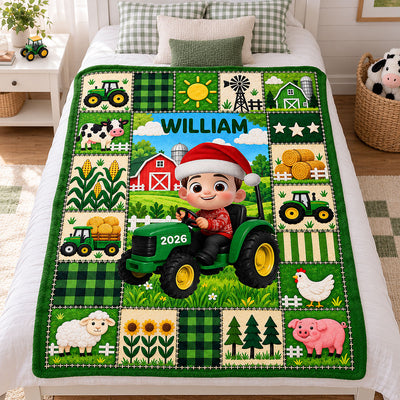 Little Boy Girl With Tractor Excavator Backhoe Christmas - Personalized Blanket - Gift For Grandkids, Kids