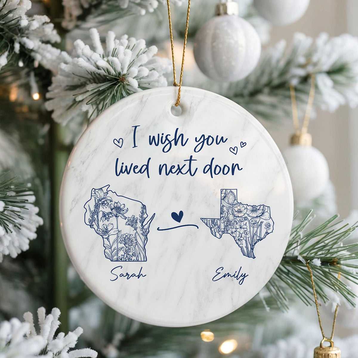 Wish You Lived Next Door Blue Floral State Map Personalized Long Distance Friendship Ornament, Moving Away Gift