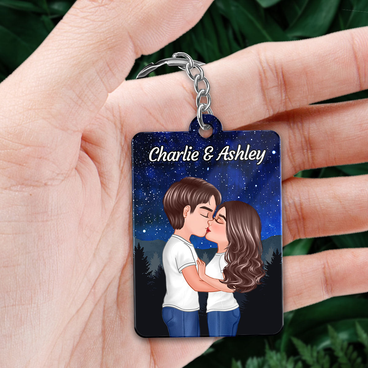 Couple Kissing Under Stars Sky Forest Personalized Acrylic Keychain