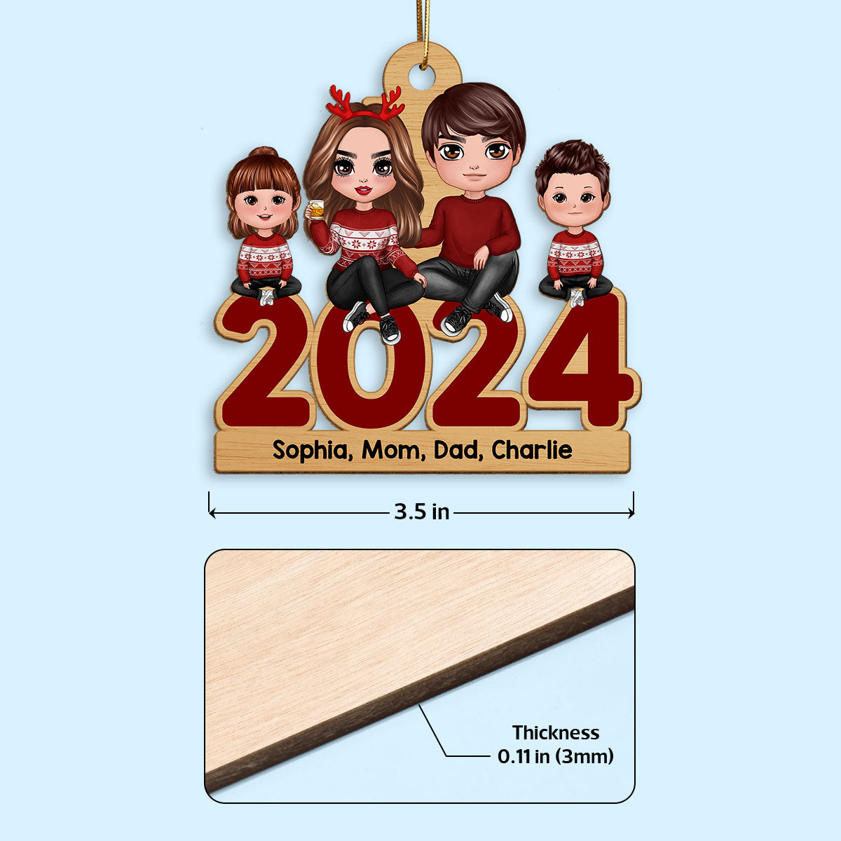 Family Sitting 2024 Christmas Personalized Wooden Ornament, Christmas Gift For Family