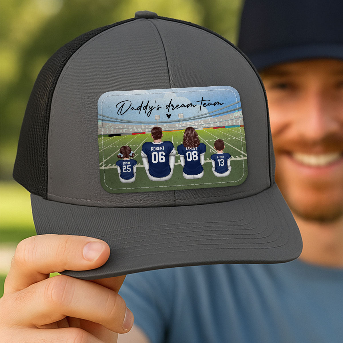 Football Daddy's Dream Team Personalized Leather Patch Hat, Gift For Dad