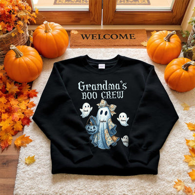 Grandma's Boo Crew Retro Halloween Blue Denim Ghost Personalized Sweatshirt, Spooky Sweatshirt for Grandma, Mom