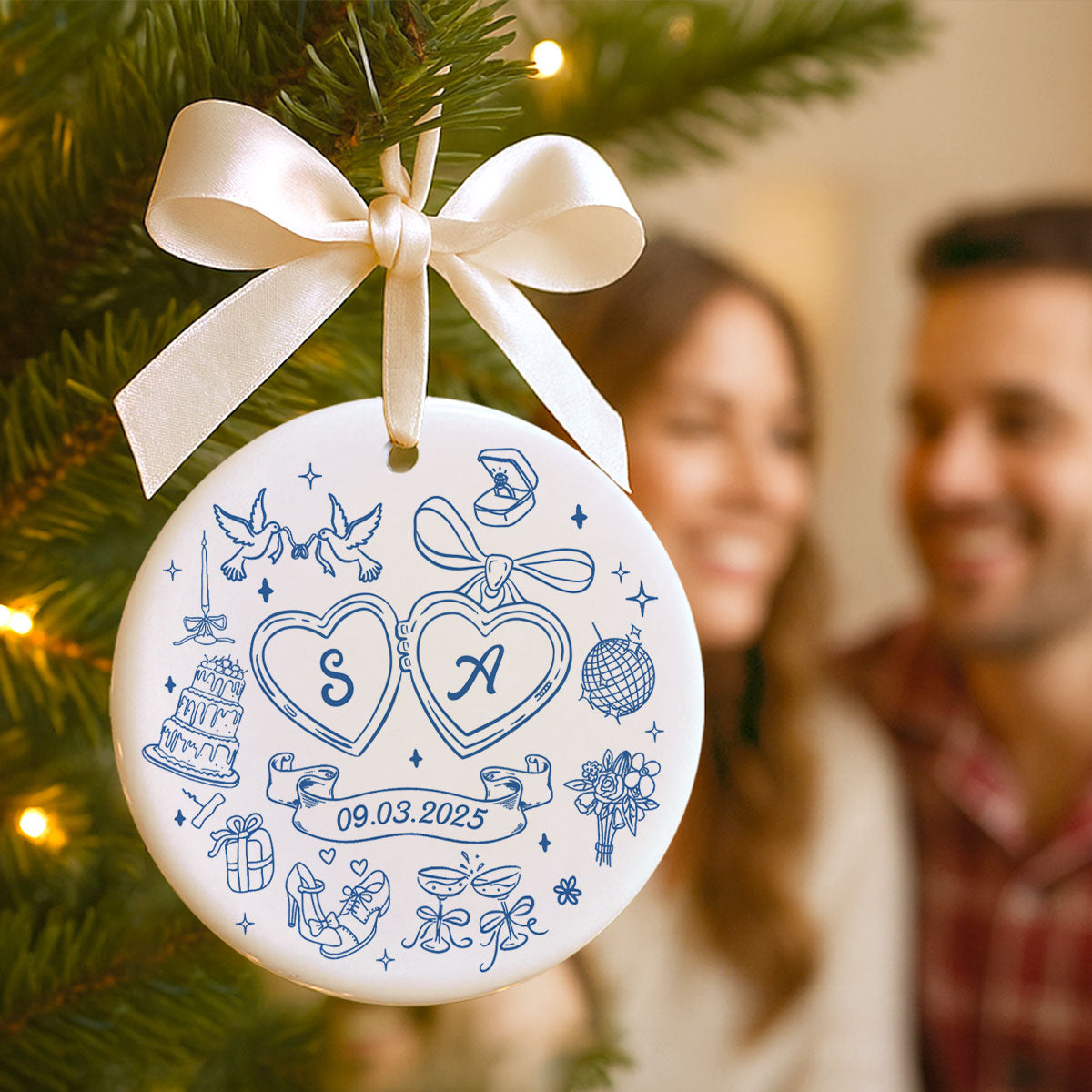 Couple Initials Locket Coquette Doodle Personalized Ceramic Ornament, First Christmas Gift, Married, Engagement Gift for Couples
