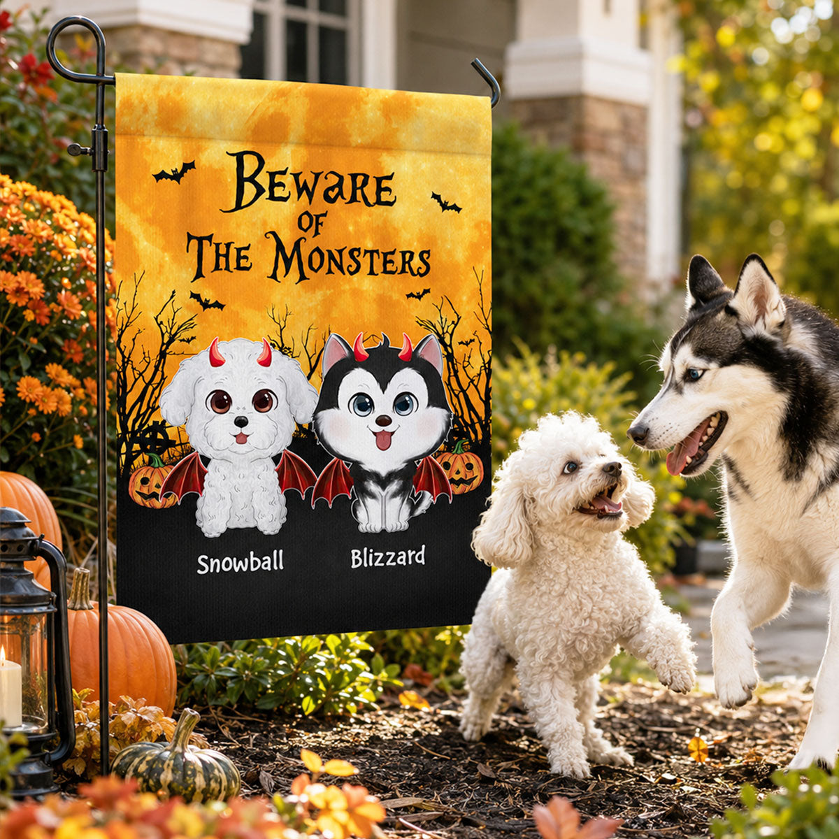 Halloween Theme Beware Of The Monsters Dogs - Personalized Garden Flag - Halloween Decor For Dog Lovers