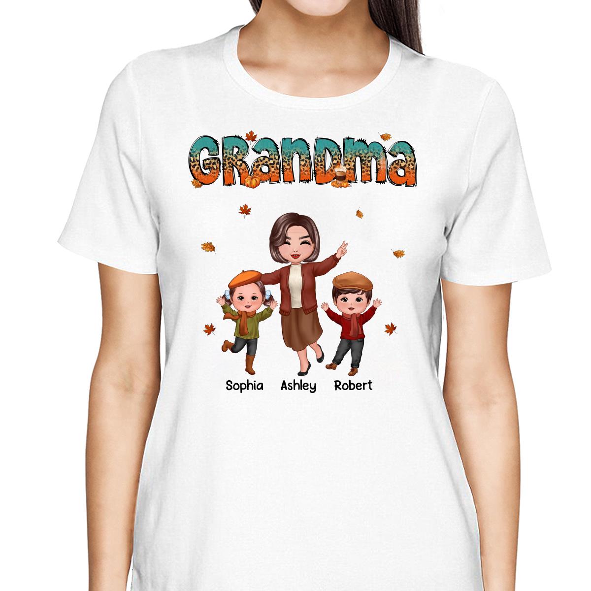Teal Orange And Leopard Fall Season Happy Grandma Grandkids Personalized Shirt