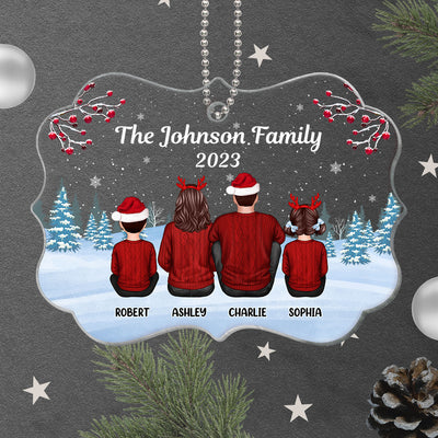 Family Sitting Back View Winter Background Personalized Acrylic Ornament