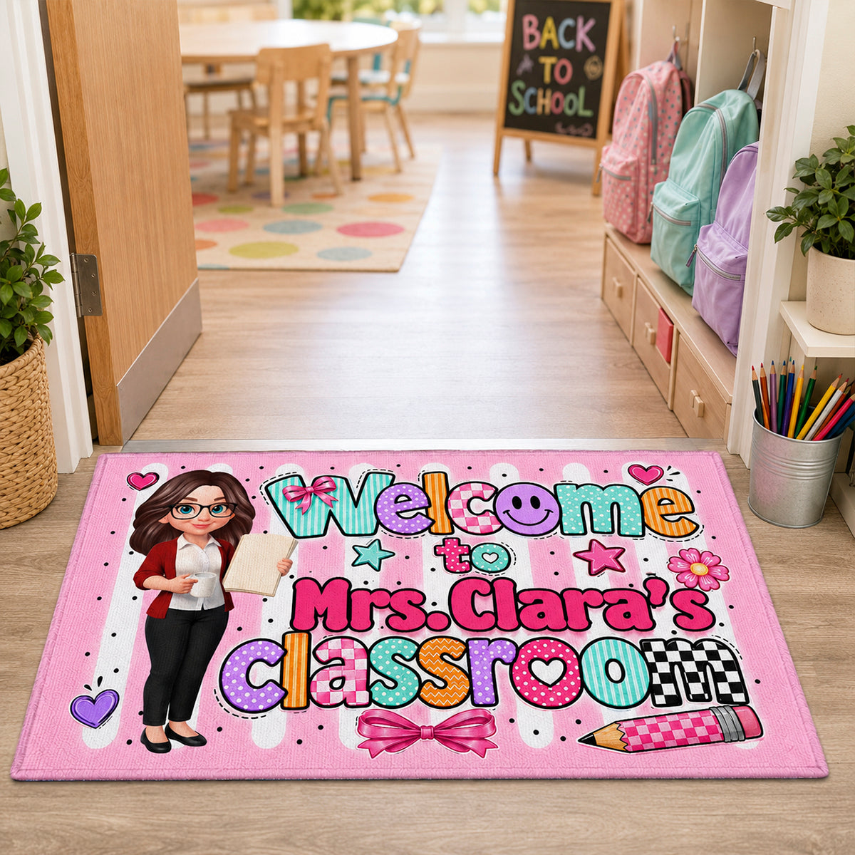 Neon Stripe Teacher Classroom - Personalized Doormat - Back to School Decor for Teacher
