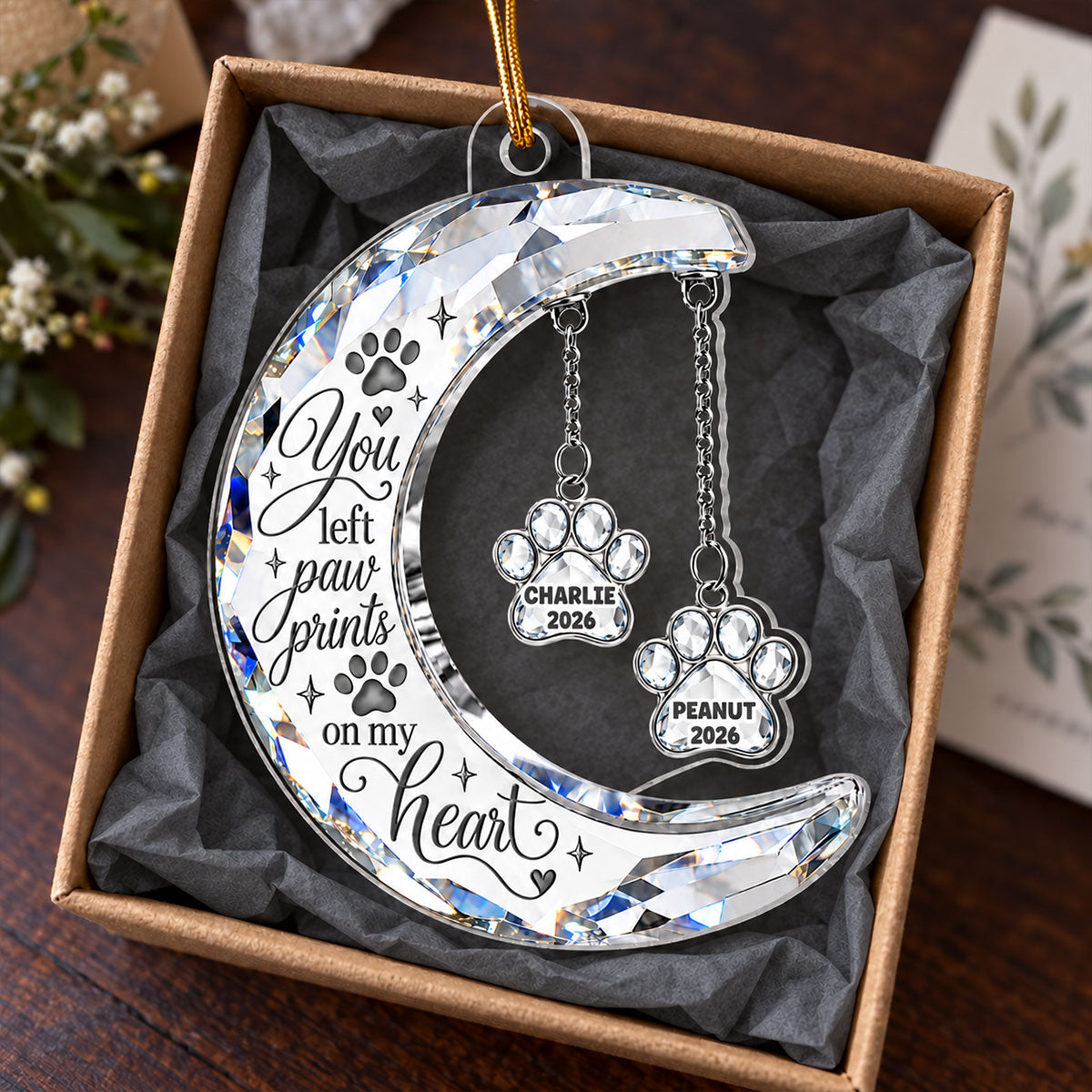 Pet Memorial Crystal Moon & Hanging Paw 2D Flat - Personalized Acrylic Ornament - Custom Pet Name & Year Remembrance Keepsake, Sympathy Gift for Dog & Cat Lovers