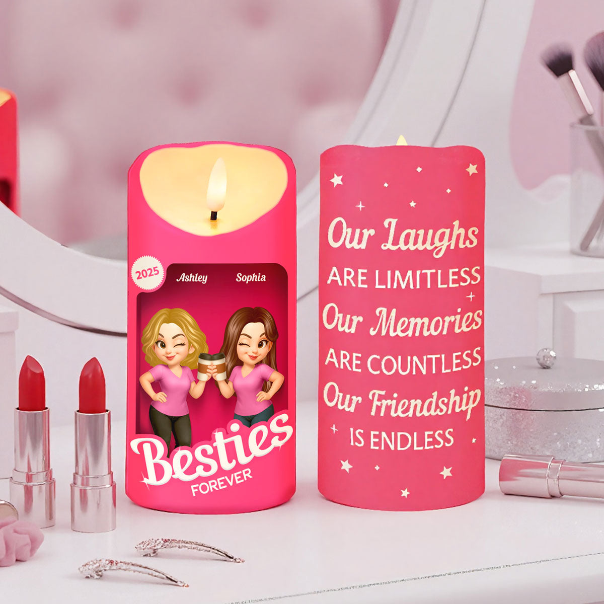 Pink Besties Our Friendship Is Endless Christmas Personalized LED Candle