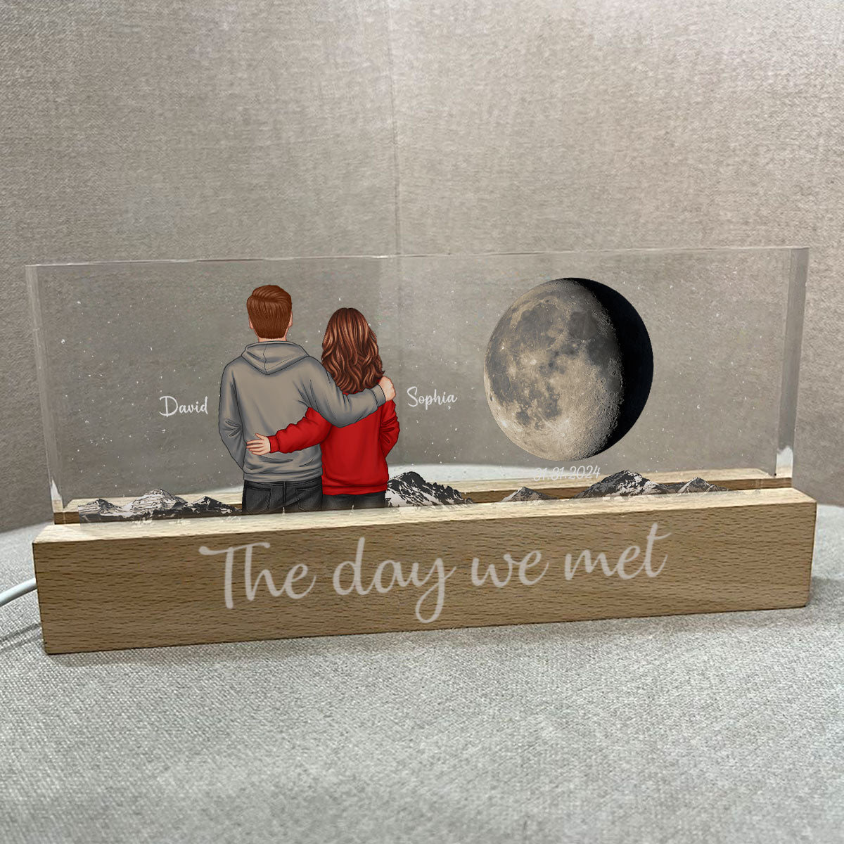 Back View Couple Custom Moon Phases The Day We Met Personalized Acrylic Block LED Night Light, Heartfelt Gift For Couple, For Him, For Her, Boyfriend, Girlfriend, Husband, Wife
