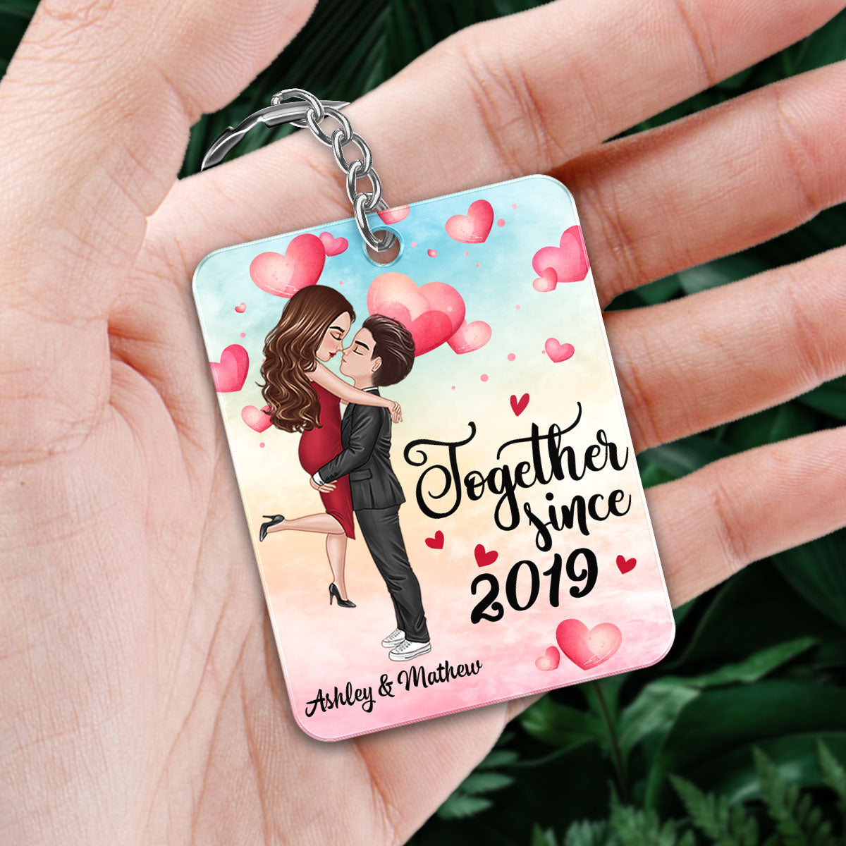 Watercolor Hearts Doll Couple Hugging Kissing Favorite Song Scannable QR Code Personalized Acrylic Keychain
