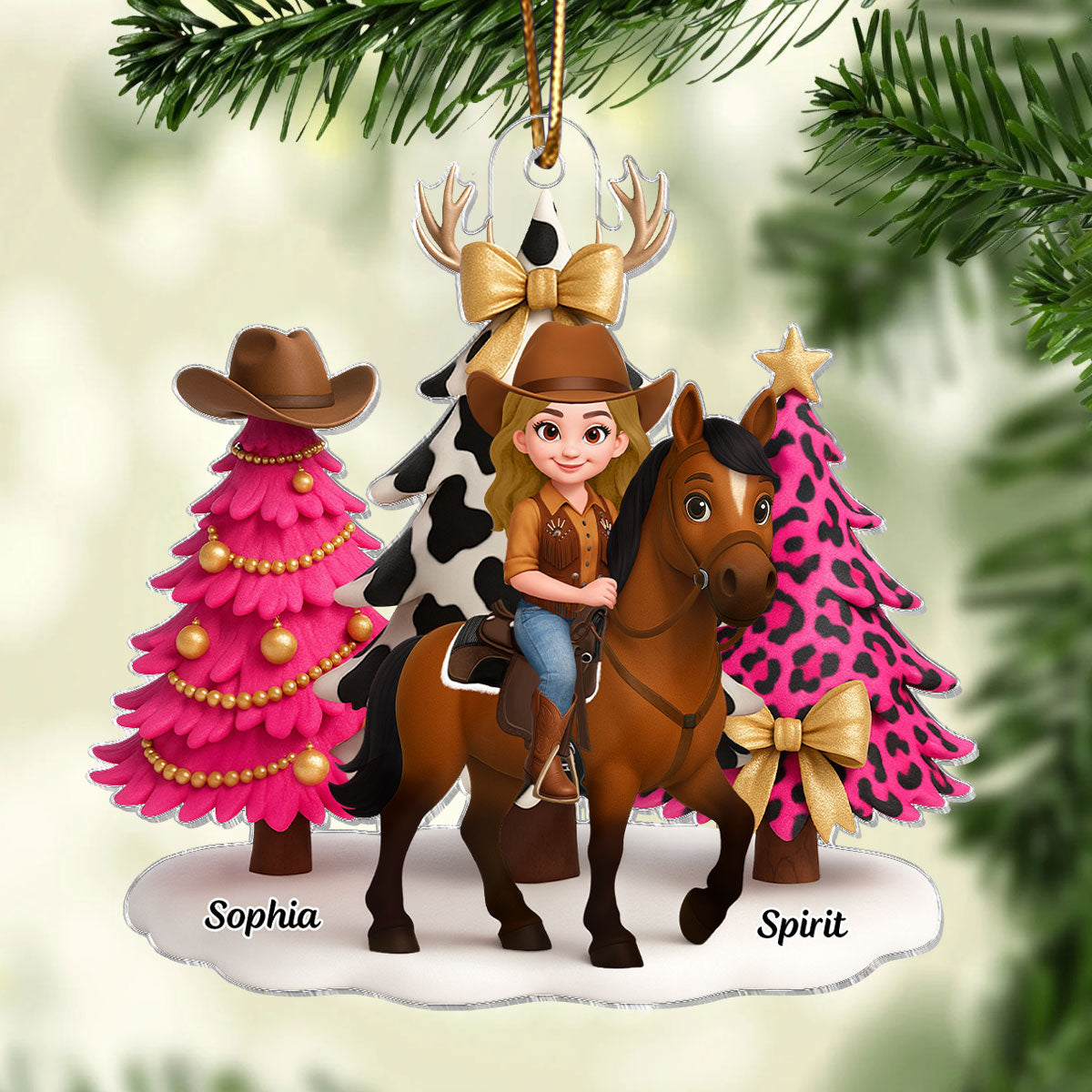 3D Effect Western Pink Christmas Tree Cowgirl And Horse - Personalized Acrylic Ornament