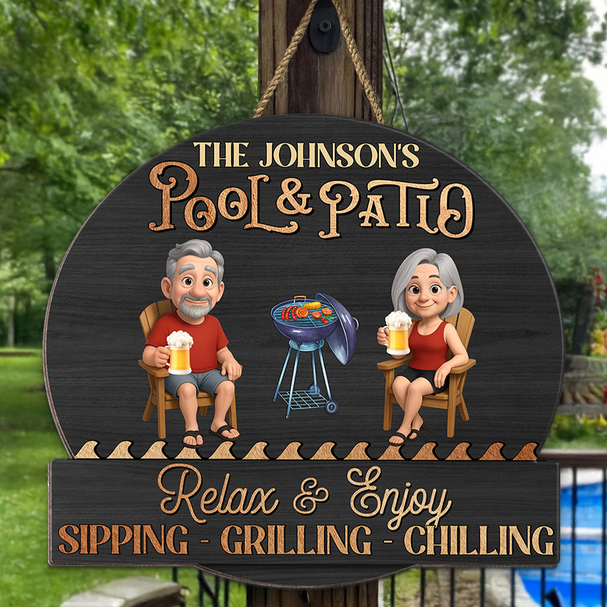 Summer Couple Pool & Patio Sipping Chilling - Personalized Custom Shaped Wood Sign