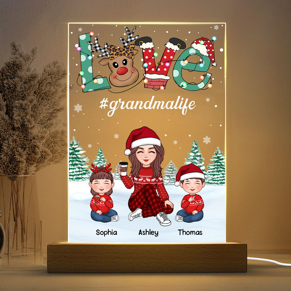 Grandma And Kids Christmas Reindeer LOVE Personalized Acrylic Rectangle LED Night Light