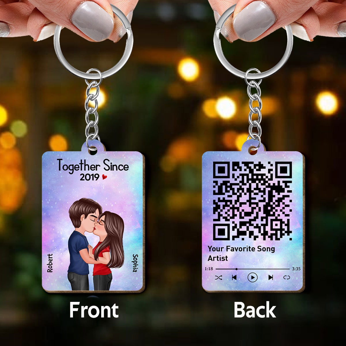 Doll Couple Kissing Together Since Favorite Song Scannable QR Code Personalized Wooden Keychain