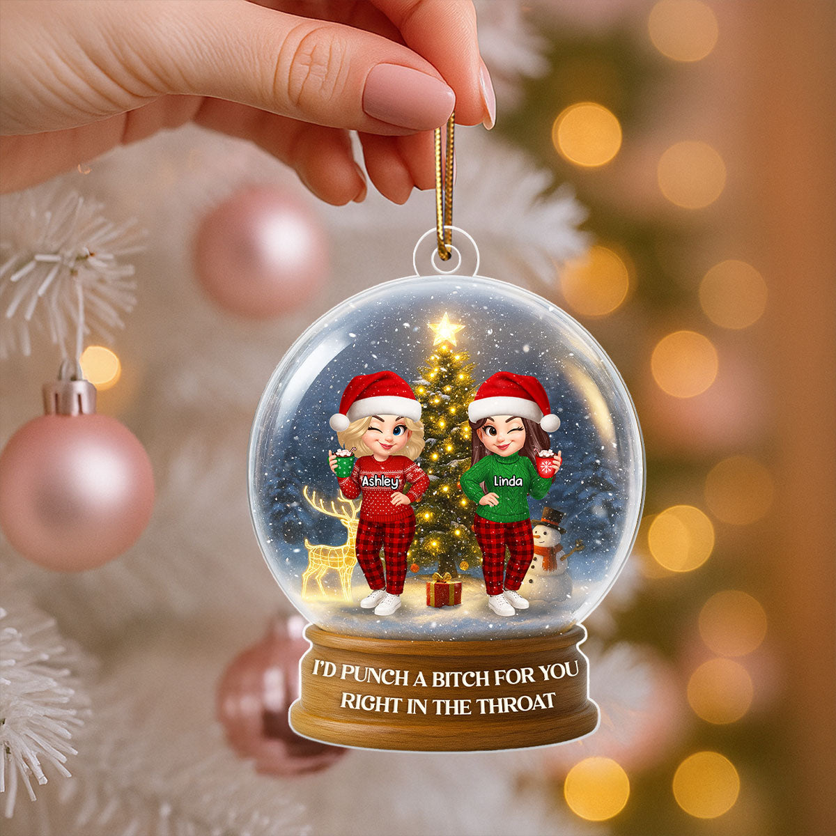 Christmas Besties Sisters In Crystal Snow Globe 3D Effect Personalized Acrylic Ornament