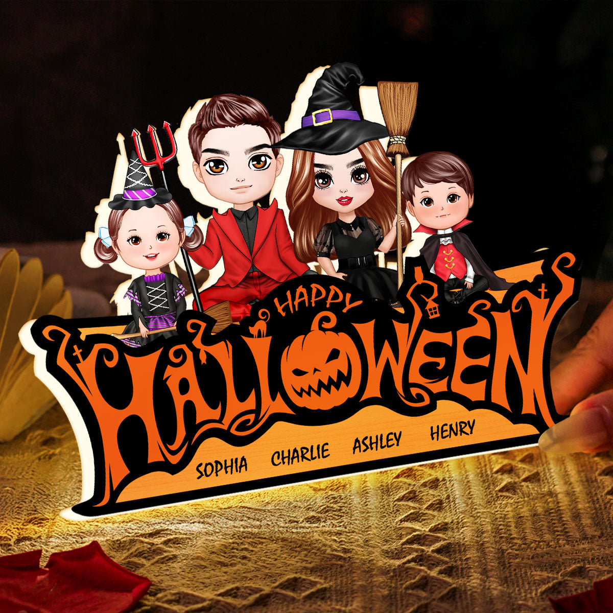 Happy Halloween Jack O Lantern Spooky, Family Sitting Personalized Light Box, Halloween Decor Indoor