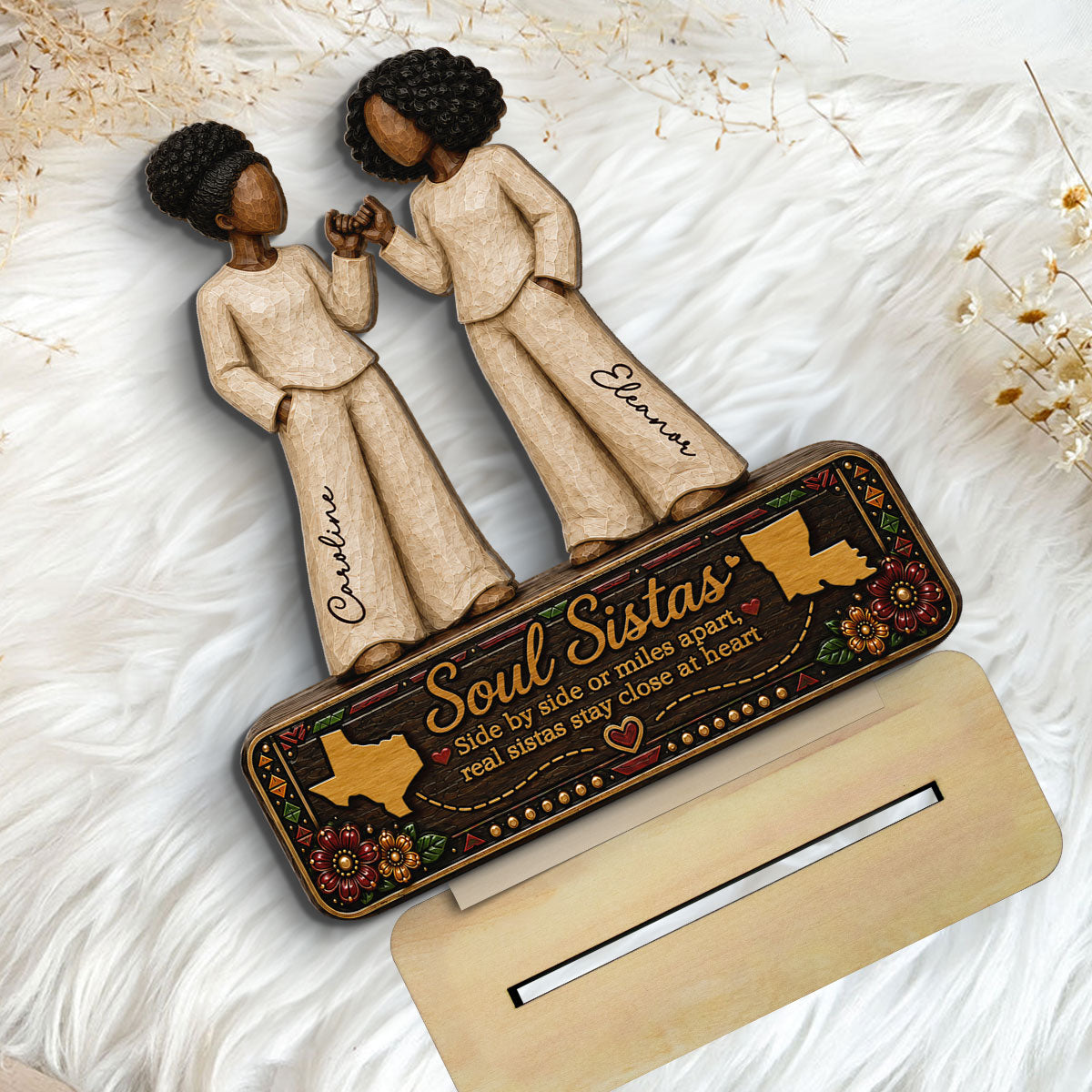 Long Distance Soul Sistas Pinky Promise 2D Flat - Personalized 2-Layered Wooden Plaque - Long Distance Friendship Keepsake