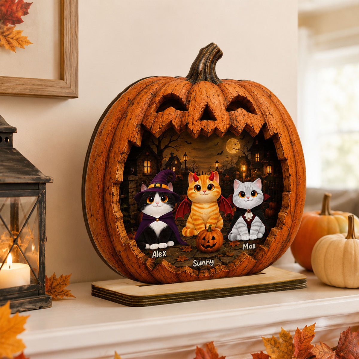 Spooky Halloween Pumpkin Cats - Personalized 2-Layered Wooden Plaque - Halloween Decor For Cat Lovers