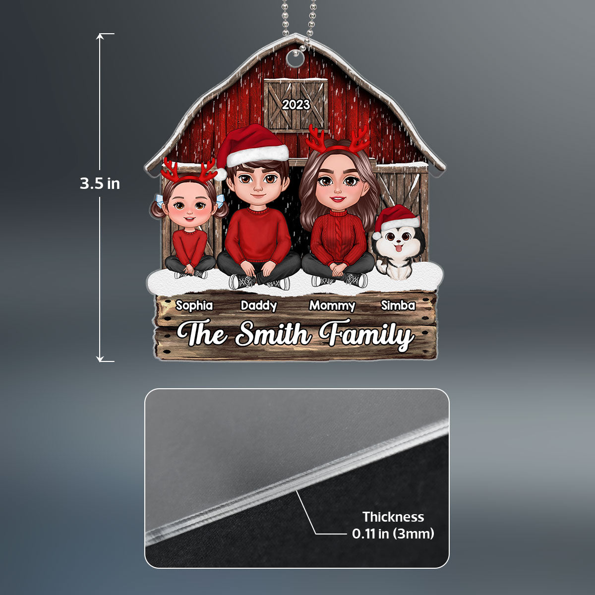 Family Sitting Crossed Legs Red Barn Christmas Gift Personalized Acrylic Ornament
