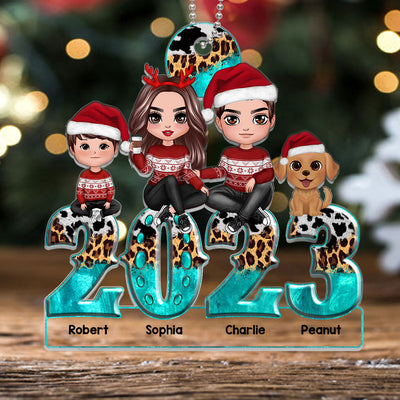 Teal And Leopard 2023 Family Sitting Personalized Acrylic Ornament