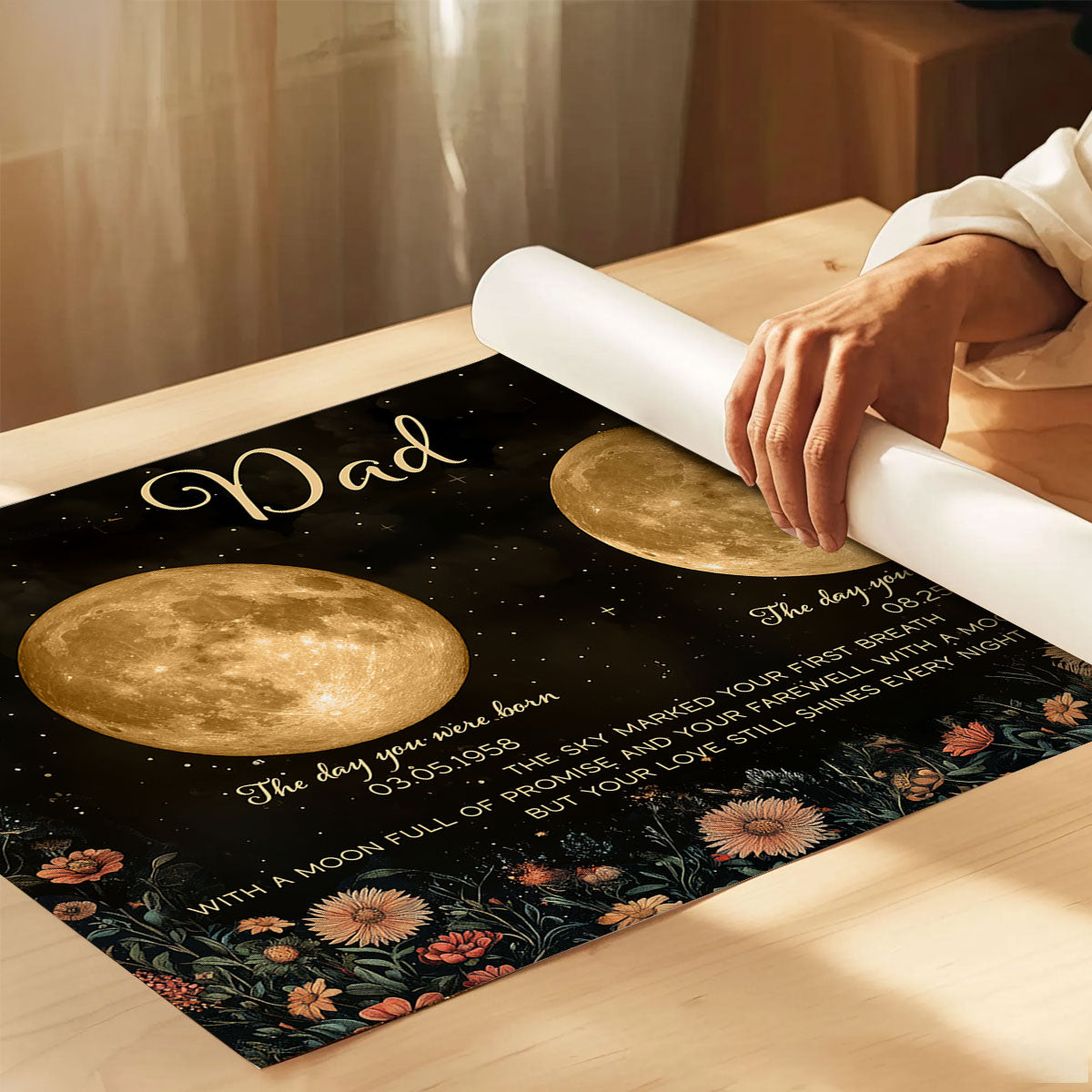 Lost Loved One Moon Phase Art Vintage Floral Memorial Keepsake Personalized Poster
