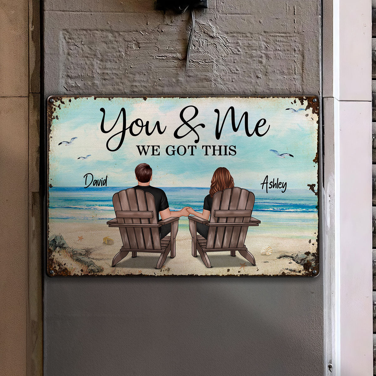 Back View Couple Sitting Beach Landscape Personalized Metal Sign
