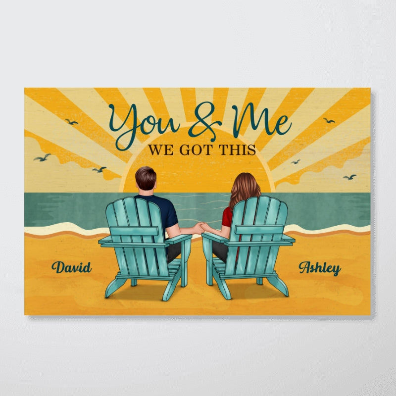Back View Couple Sitting Beach Landscape Retro Yellow Personalized Horizontal Poster