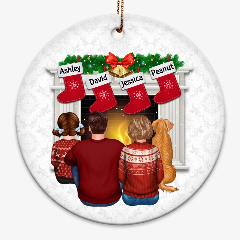 Family Mom Dad Kid Dog Cat At Fireplace Stocking Personalized Circle Ornament