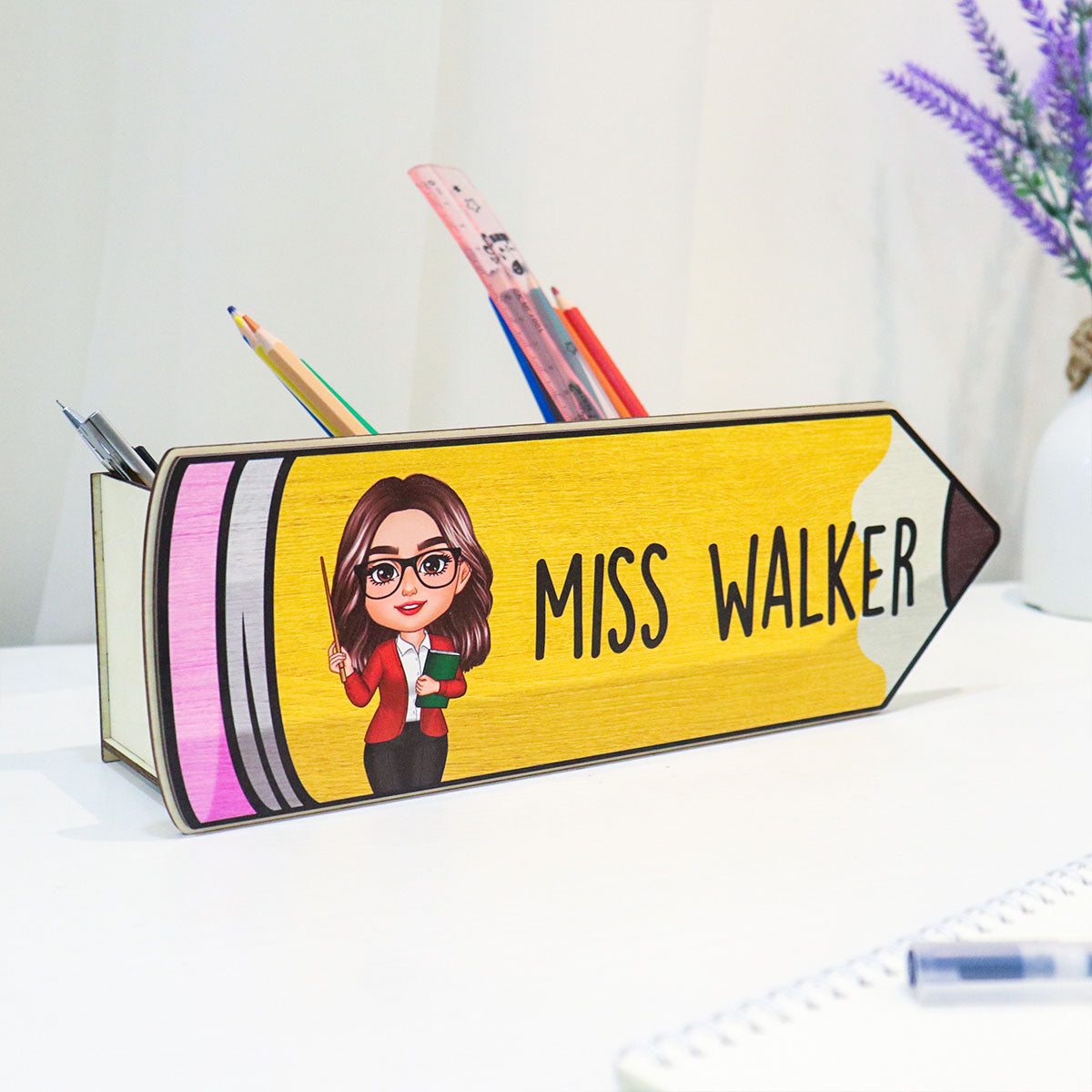 Happy Doll Teacher Personalized Wooden Pen Pencil Holder, Back To School Gift