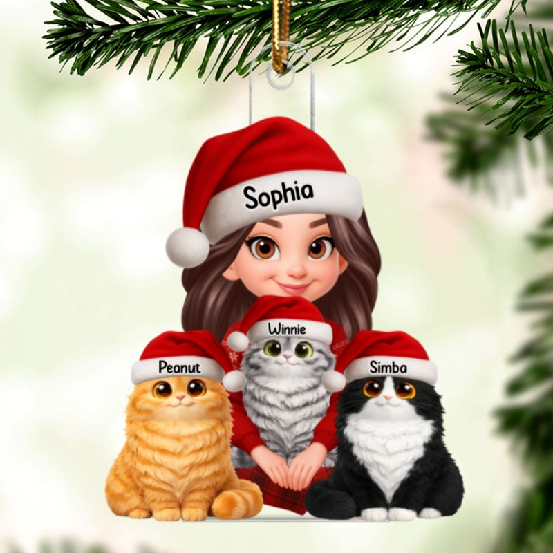 A Girl Sitting With Her Cats 2D Flat - Personalized Acrylic Ornament - Gift For Cat Lover, Gift For New Pet Owner