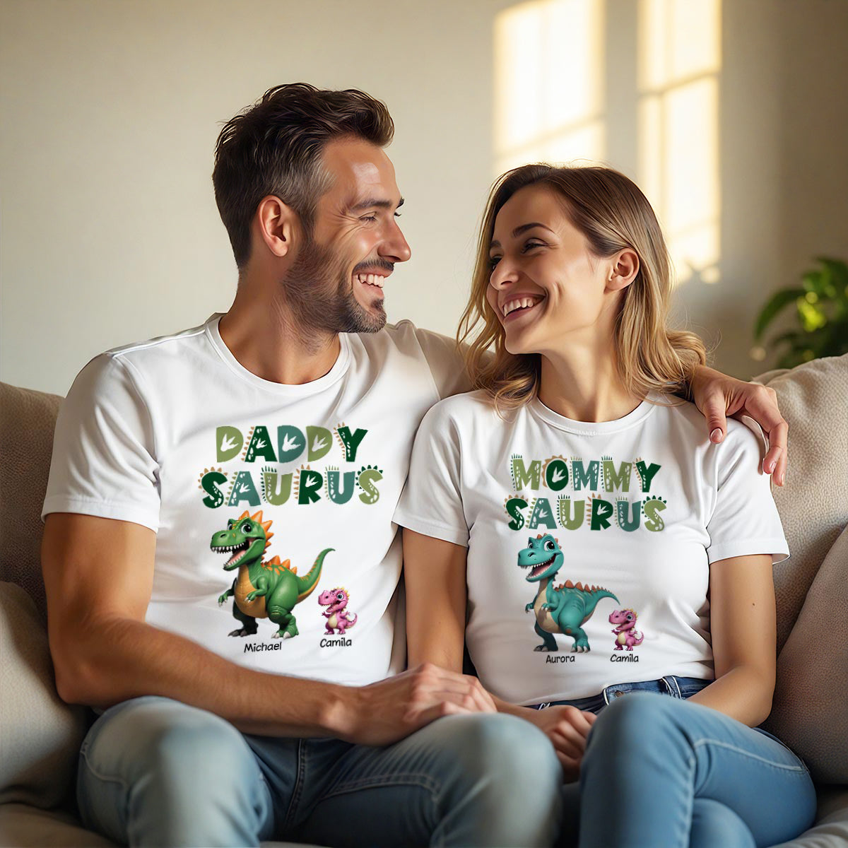 3D Effect Daddysaurus Mommysaurus Personalized Matching Shirts [Set Of 2 Shirts]