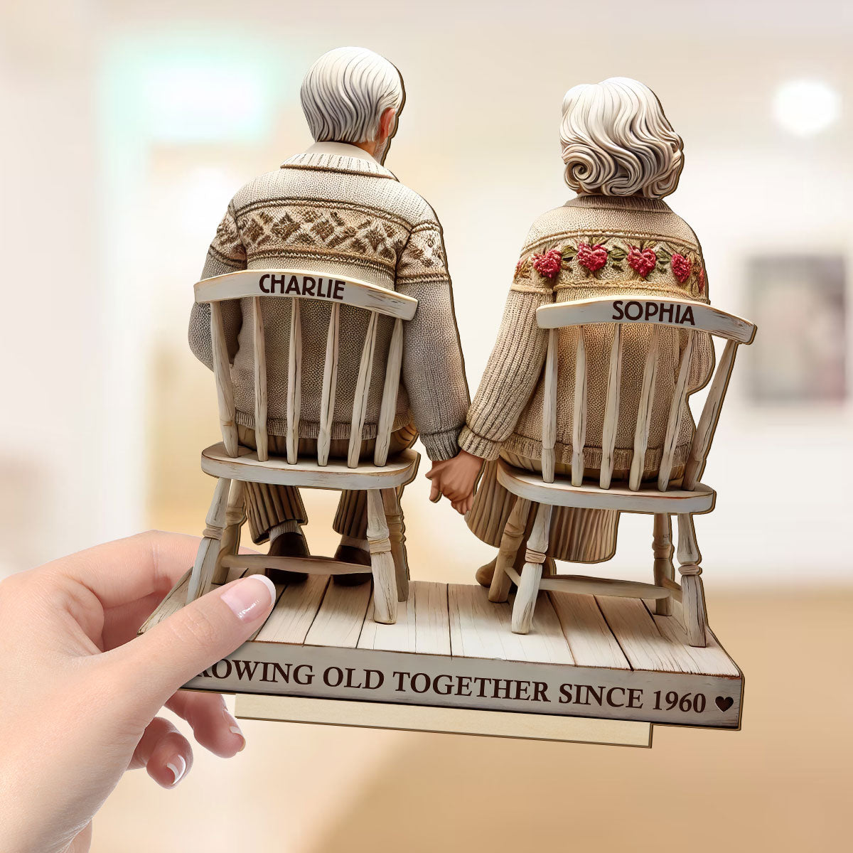 3D Effect Old Couple Holding Hands Sitting Together Personalized Standing Wooden Plaque, Heartfelt Anniversary Gift,  Gift For Couple, For Him, For Her, Husband, Wife