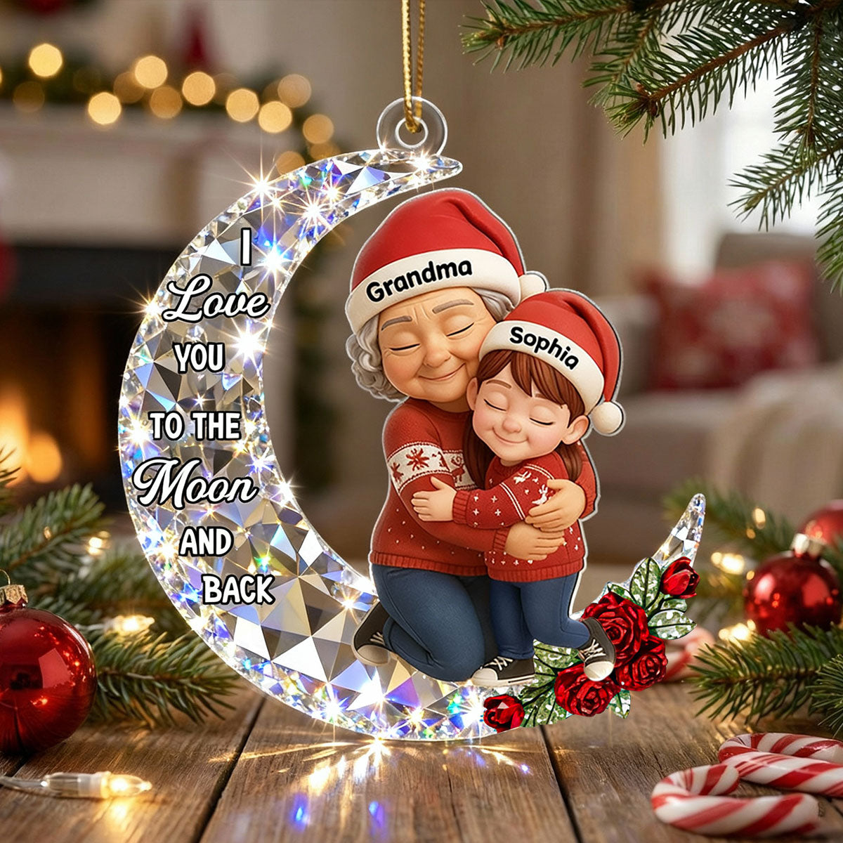 3D Crystal Effect Grandma Grandkid Love to the Moon - Personalized Acrylic Ornament - Christmas Gift for Grandma, Grandkids