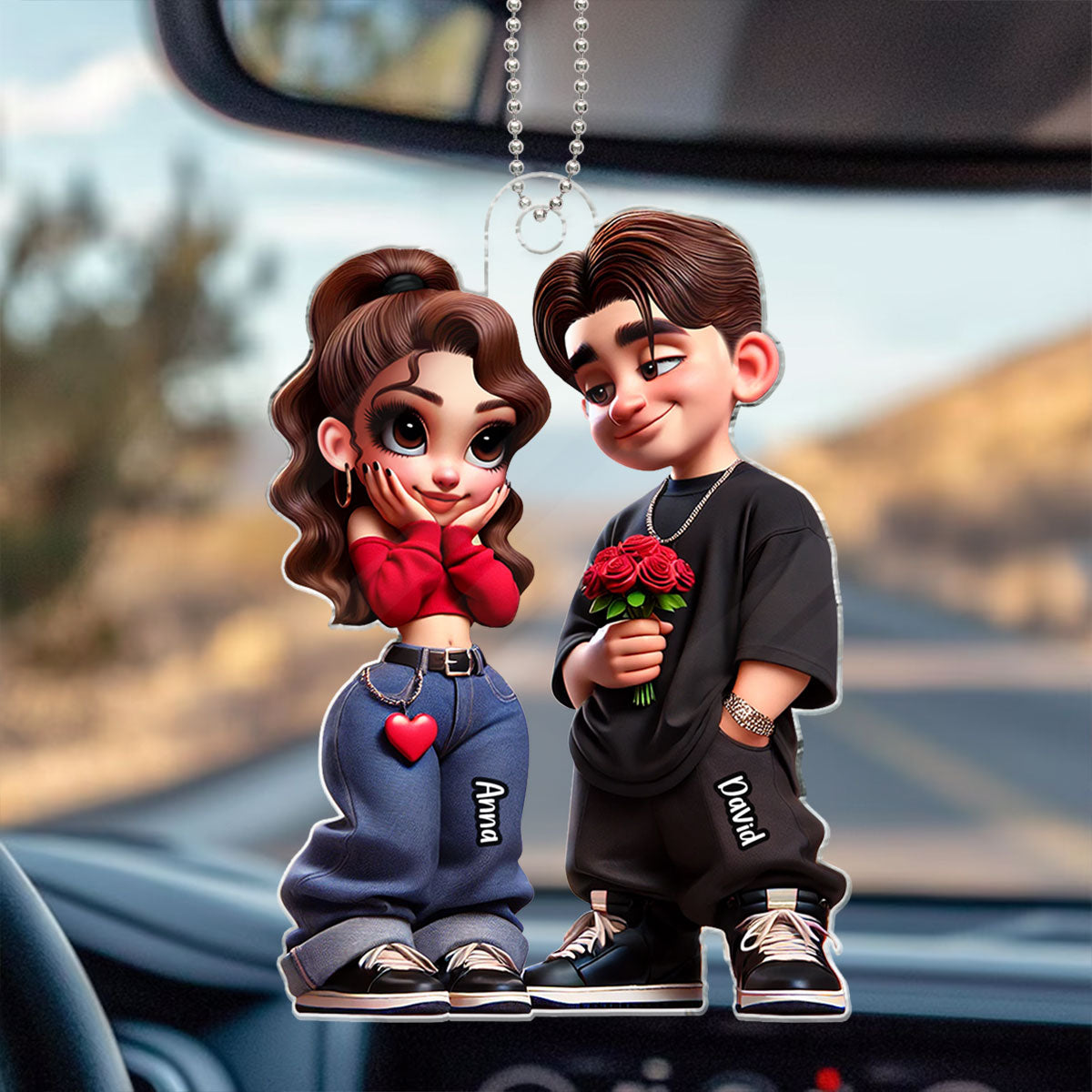 3D Effect Y2K Couple Personalized Acrylic Car Hanger,  Gift For Couple, For Him, For Her