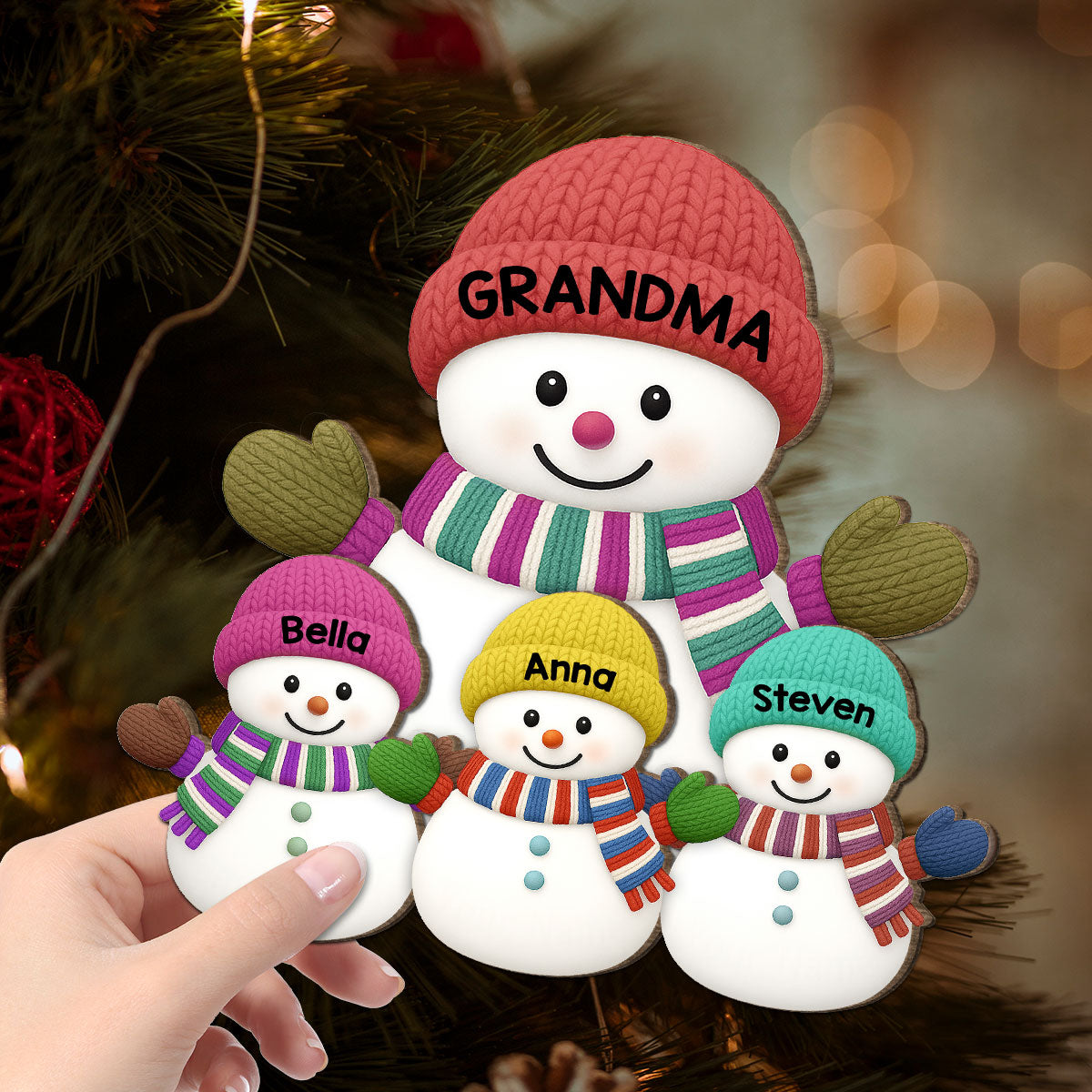 Christmas Grandma Grandkids Snowman Together - Personalized 2-Layered Wooden Plaque - Gift For Grandmas