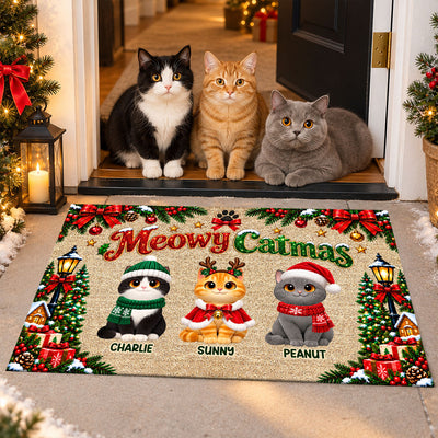 Christmas Meowy Catmas Cute Cats - Personalized Doormat - Christmas Gift For Cat Lovers, Christmas Decor