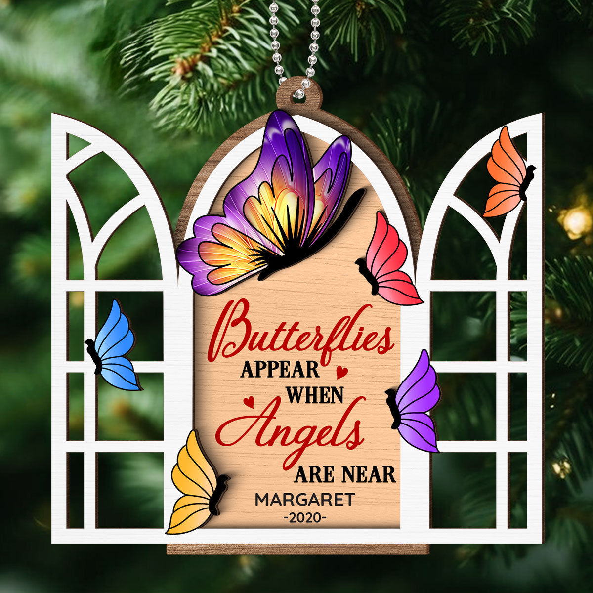 Butterflies Memorial Window Personalized 2-Layer Wooden Ornament, Christmas Gift