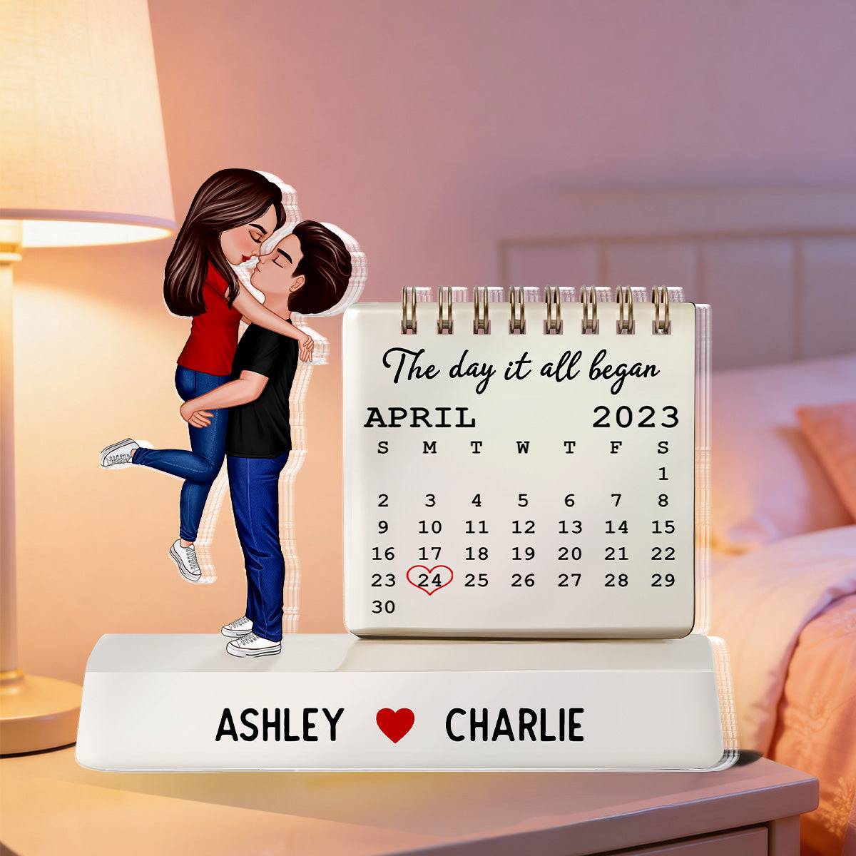 Couple Hugging Kissing The Day Our Story Began Couple Anniversary Calendar 2D Flat - Personalized Acrylic Block Plaque