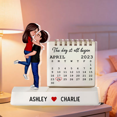 Couple Hugging Kissing The Day Our Story Began Couple Anniversary Calendar 2D Flat - Personalized Acrylic Block Plaque