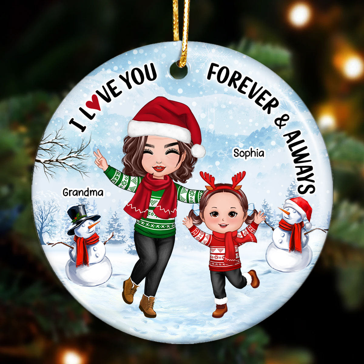 Happy Doll Grandma & Grandkid In Snow Christmas Gift For Granddaughter Grandson Personalized Circle Ornament