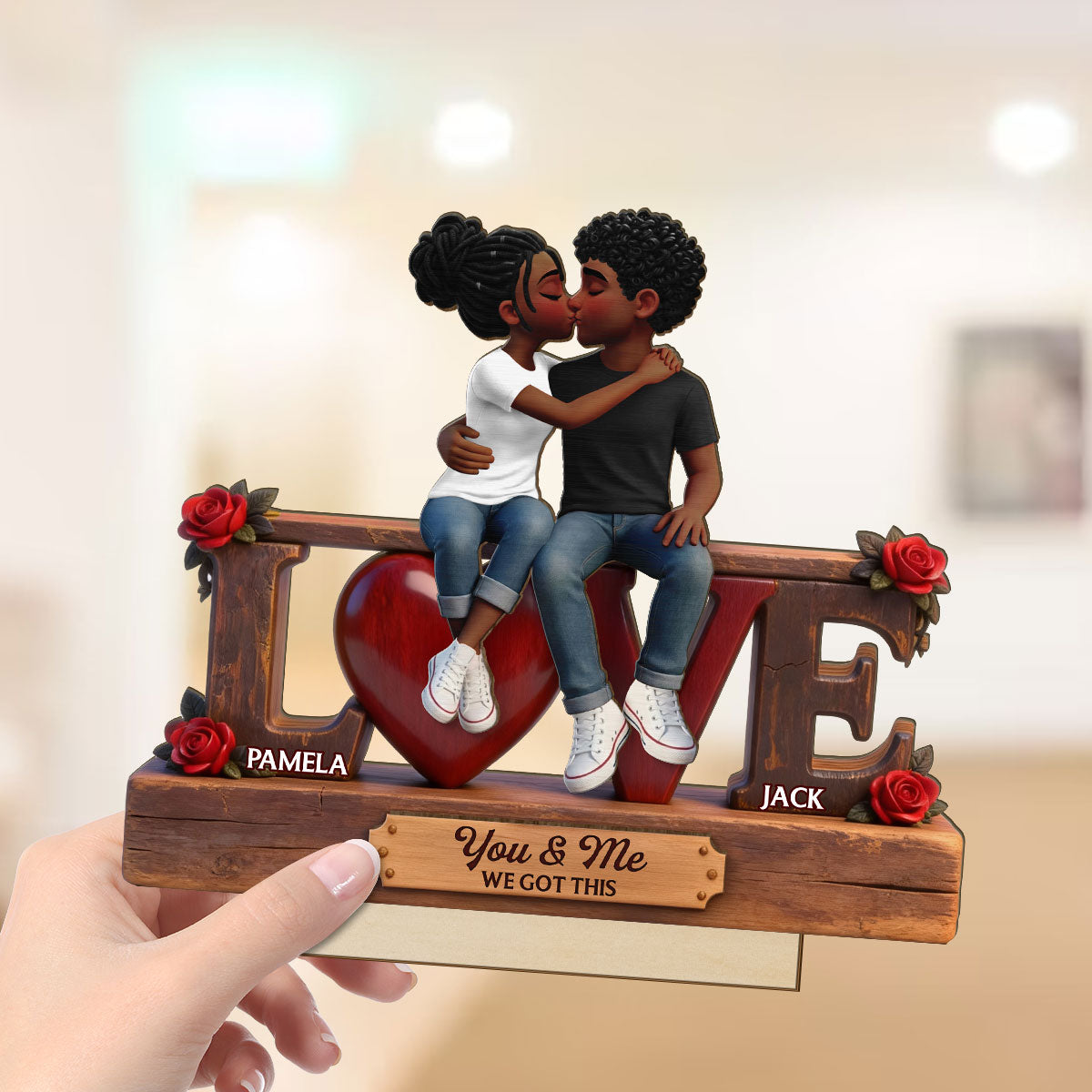 Roses LOVE Couple Sitting Kissing - Personalized 2-Layered Wooden Plaque - Heartfelt Gift For Couple, For Him, For Her
