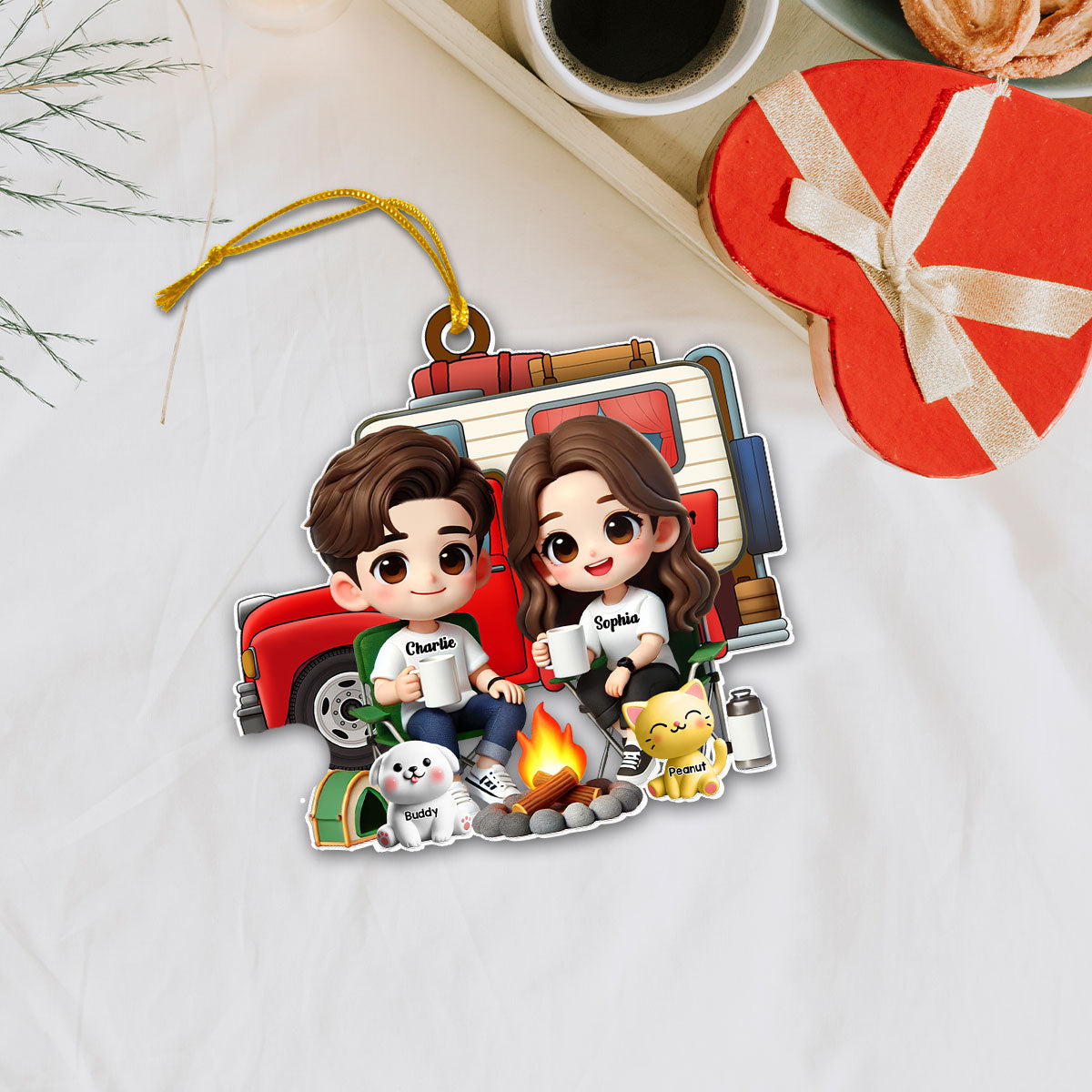 3D Effect Cute Cartoon Camping Couple And Dogs Cats Personalized Acrylic Car Hanger, Rear View Mirror, Valentine's Day, Anniversary, Birthday Gift for him, for her