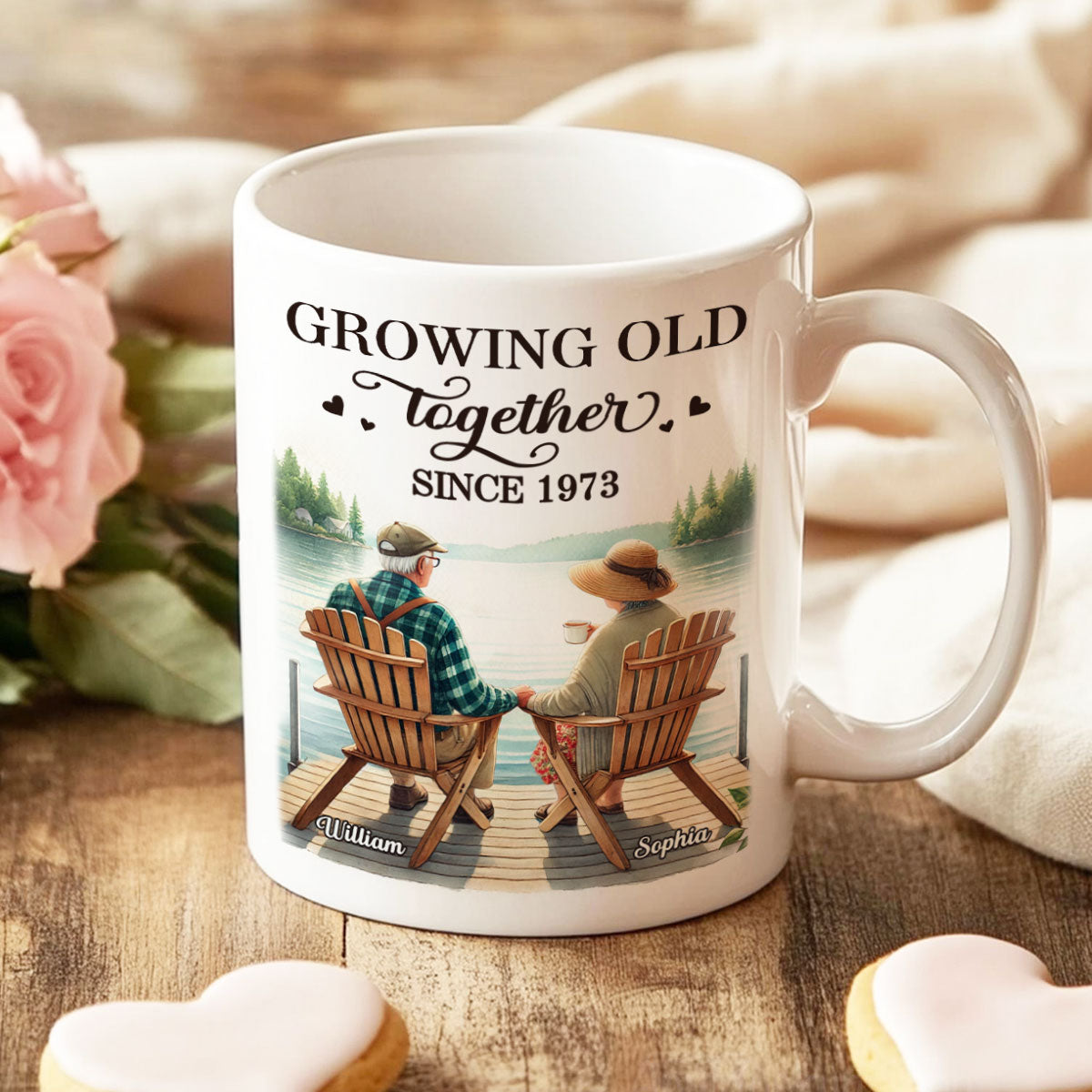 Back View Old Couple Sitting Together On The Lake Dock Personalized Mug, Heartfelt  Gift For Him, For Her, Husband, Wife