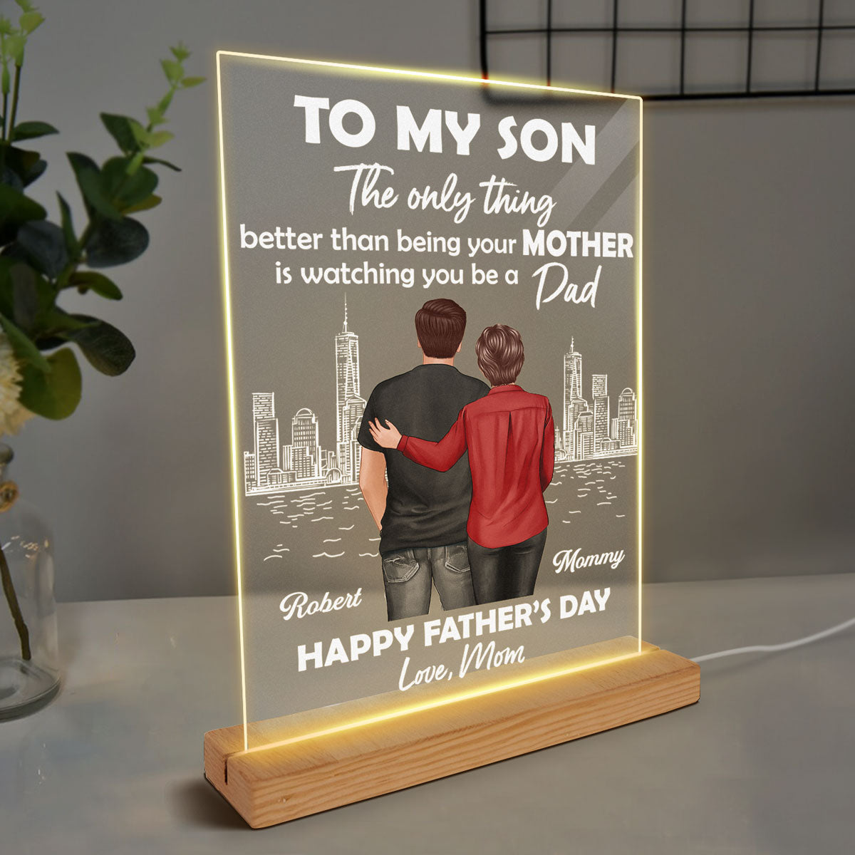 Skyline To My Son From Mom Happy Father‘s Day Back View Personalized Rectangle Acrylic LED Night Light