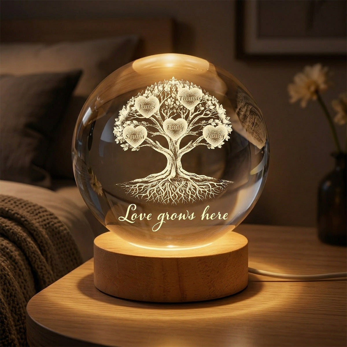 Grandkids Heart Tree Of Life - Personalized Crystal Ball LED Night Light - Mother's Day Gift For Grandma